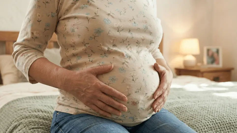 Frau hält sich den aufgeblähten Bauch